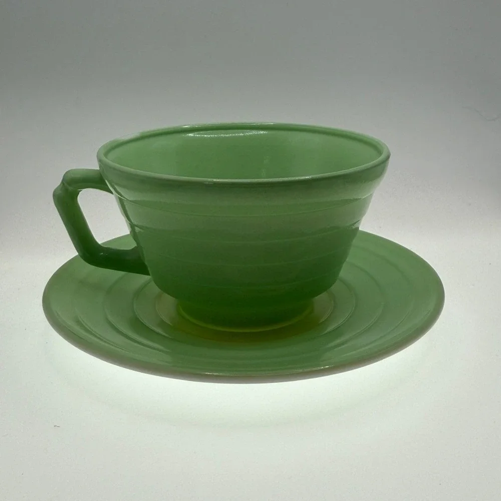 Hazel-Atlas Green Milk Glass Moderntone Cup and Saucer Set Vintage Art Deco